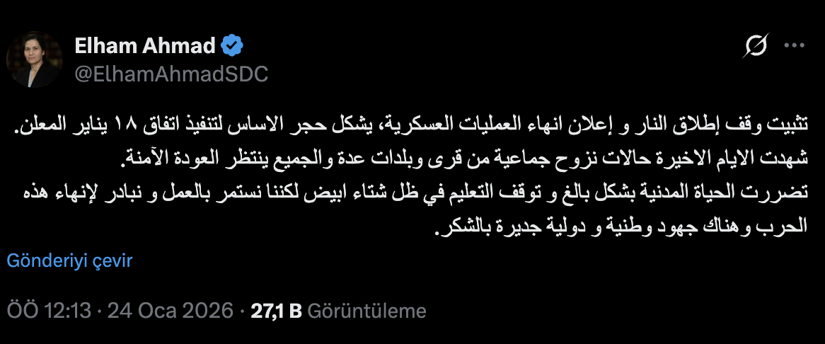 İlham Ahmed: Kalıcı ateşkes, 18 Ocak Anlaşması’nın uygulanması için temel şart